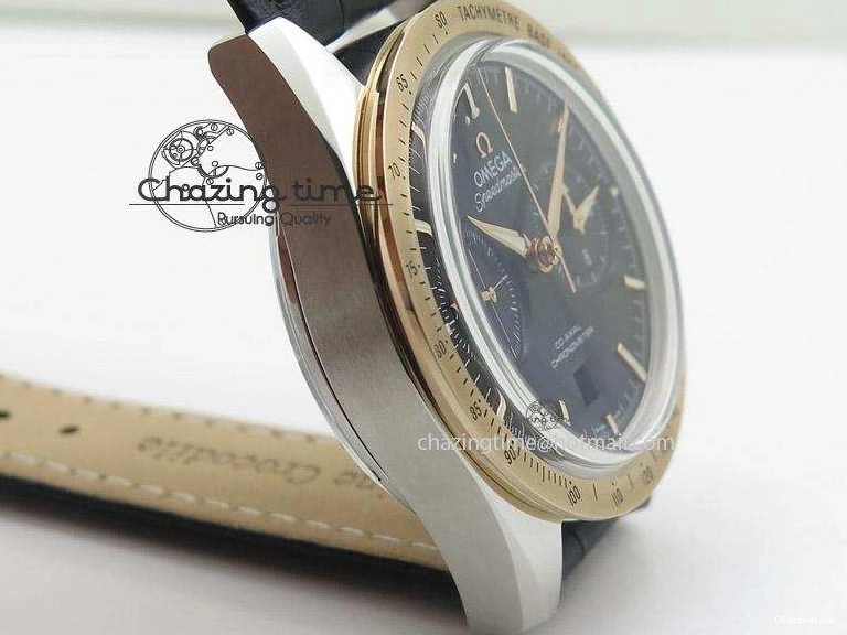 0517 Trendsetting Speedmaster ’57 SS Chrono AXF Best Edition RG Bezel Black Dial on Black Leather Strap A 8283